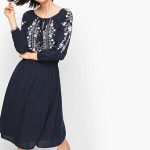 Talbots Embroidered Gauze Navy A-line Dress Size Petite